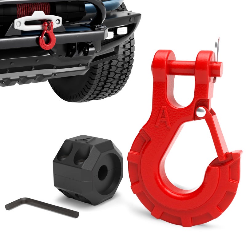 AMBULL 3/8" Winch Hook & Winch Cable Hook Stopper Sets, Heavy Duty Grade 70 Forged Steel Recovery Hook with Safety Latch, Included Allen Wrench,Max 37,478 Lbs, Red - Image 1